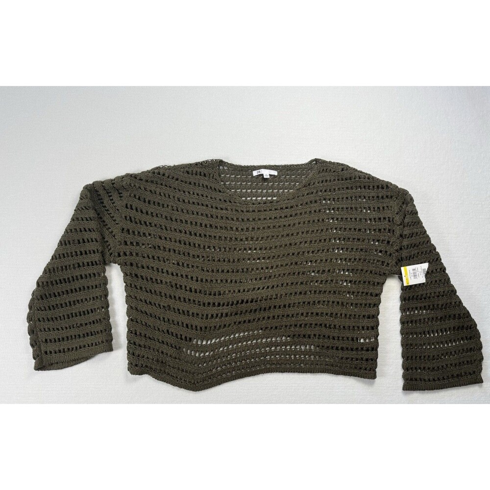 DR2 Women’s Cropped Crochet Sweater Olive Green XL 3/4 Sleeve Pullover NWT Boho
